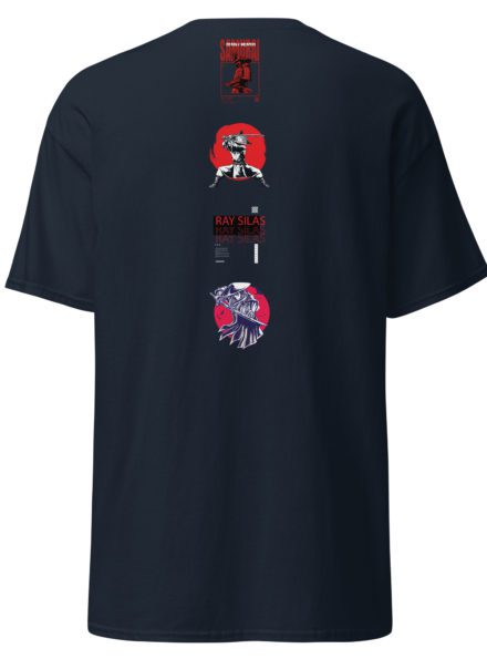 Ray Silas navy t-shirt with samurai designs.