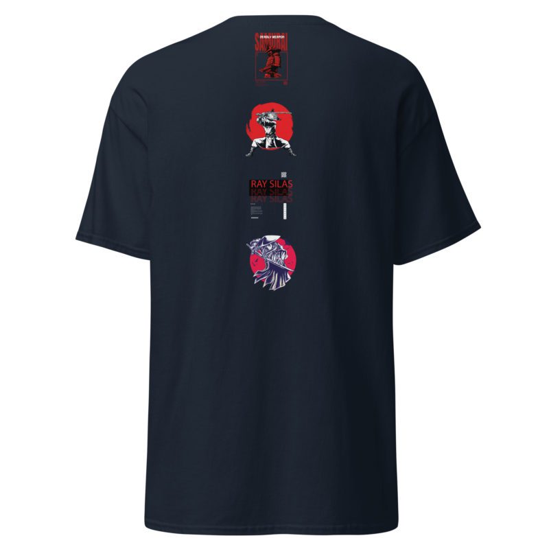 Ray Silas navy t-shirt with samurai designs.