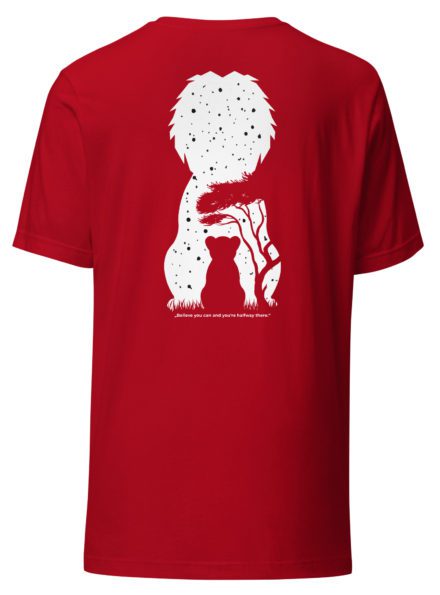 Red t-shirt with lion design printing.