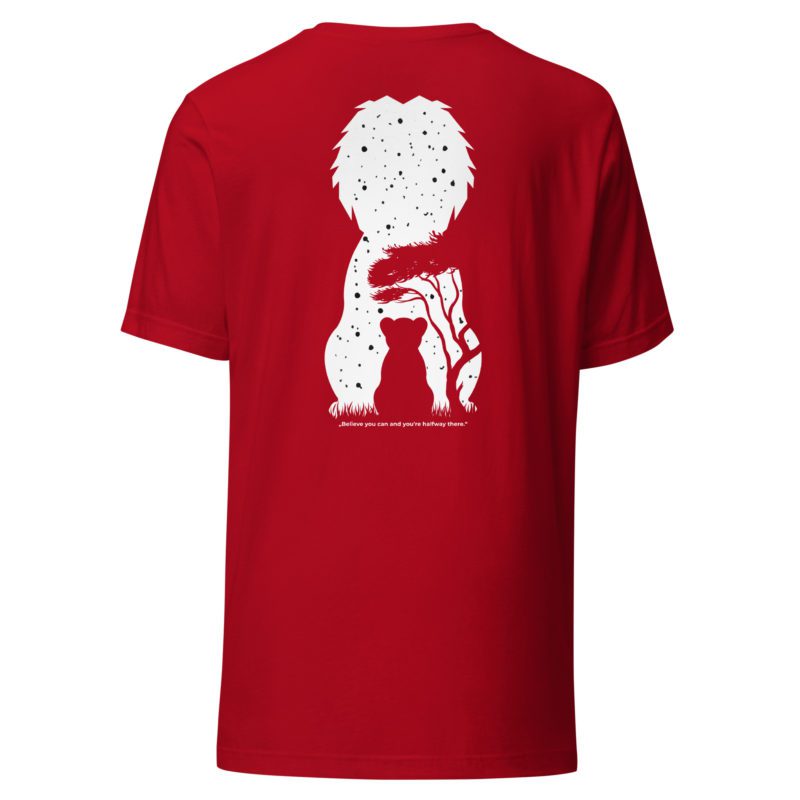 Red t-shirt with lion design printing.